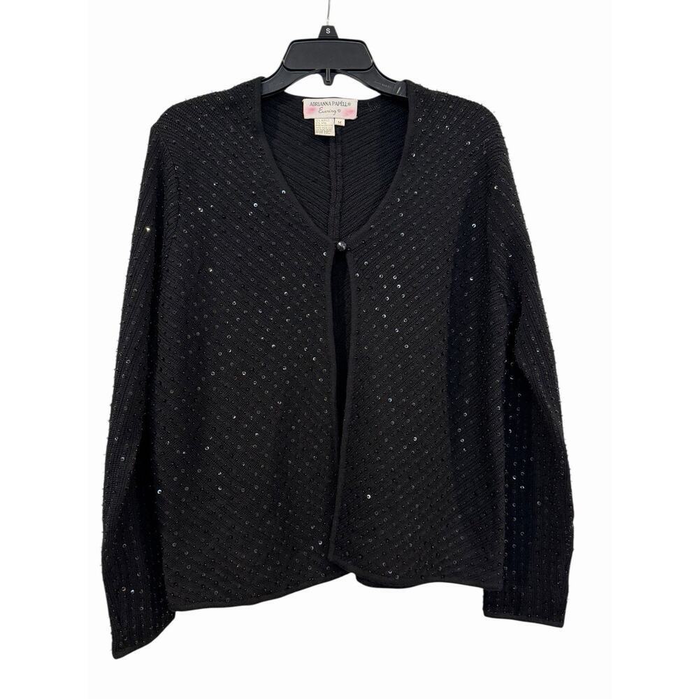 Adrianna Papell Black Sequin Open Front Wool Blend Cardigan Embellishments: M - Picture 6 of 7